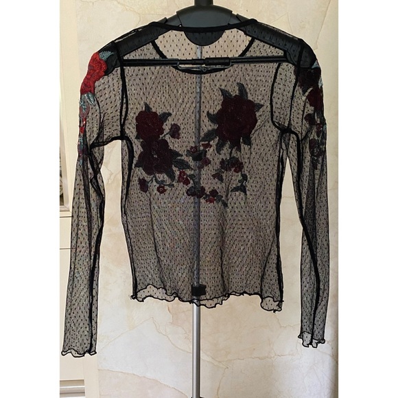 Sheer Embroidered Flower Long Sleeve Shirt S/M - Picture 5 of 7